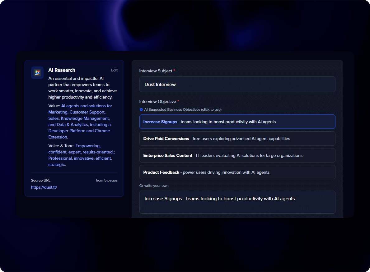 AI research results with interview subject and suggested objectives