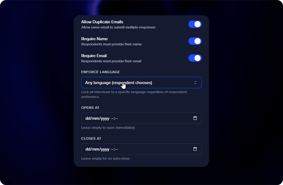 Language settings for interviews