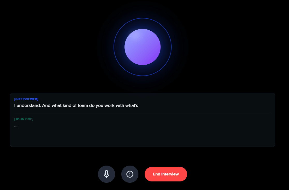 Active interview screen with glowing orb visual and transcript