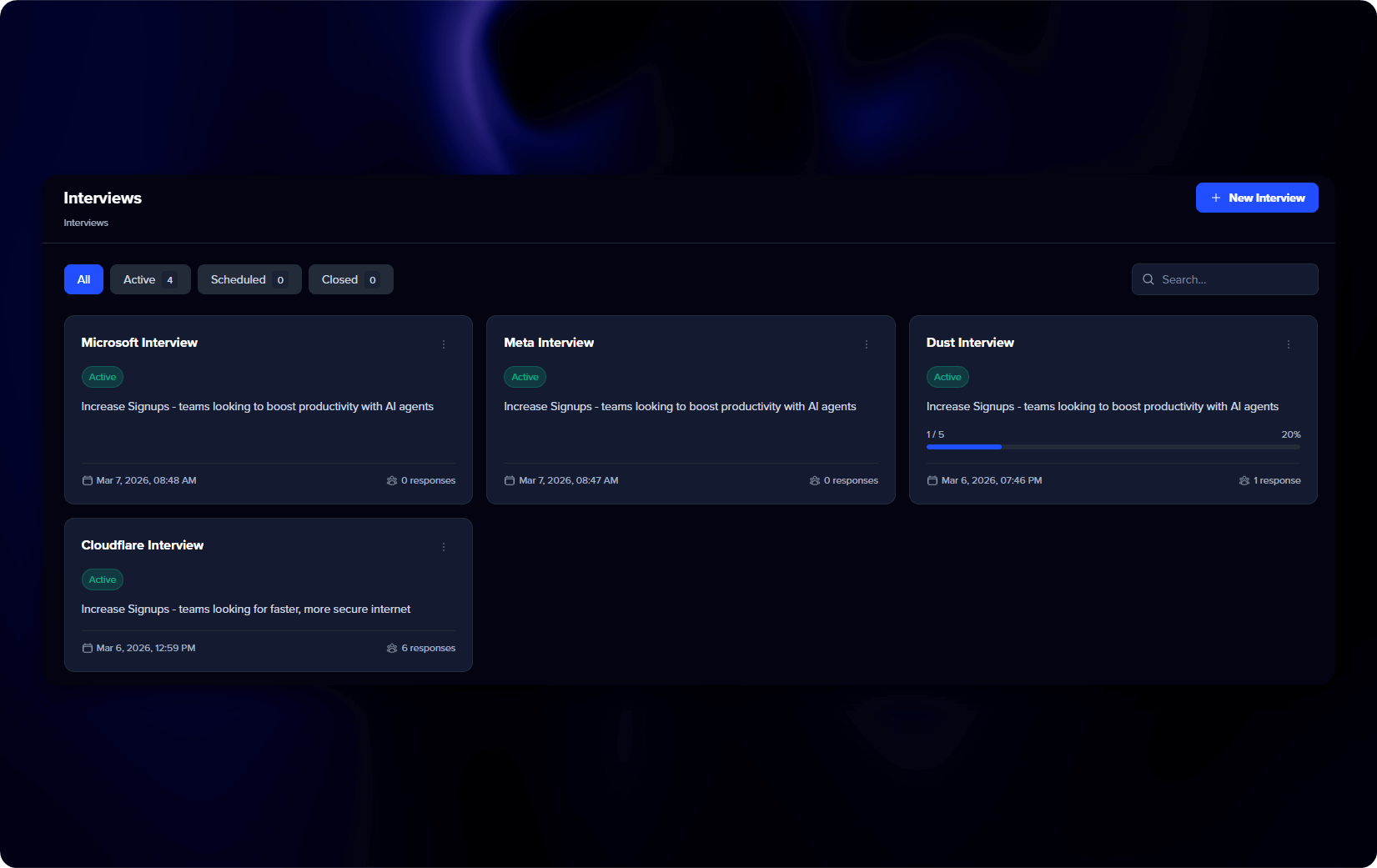 Interview dashboard with filters and search
