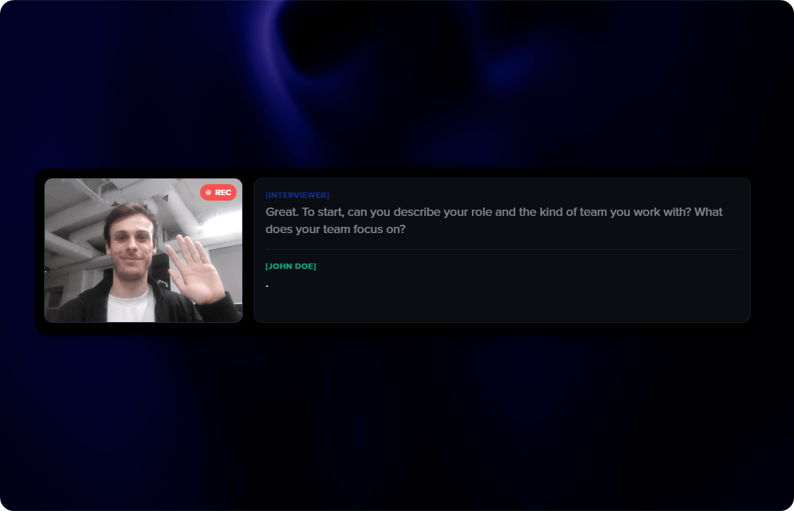 Interview screen with video preview and transcript