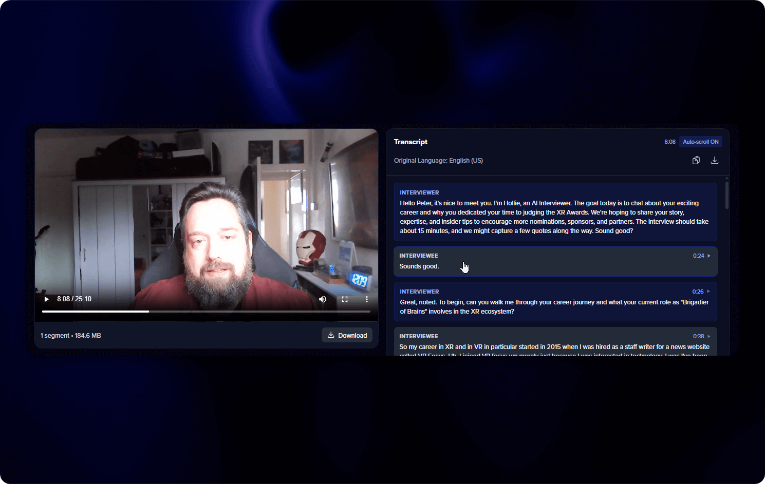 Video playback synced with transcript and speaker labels