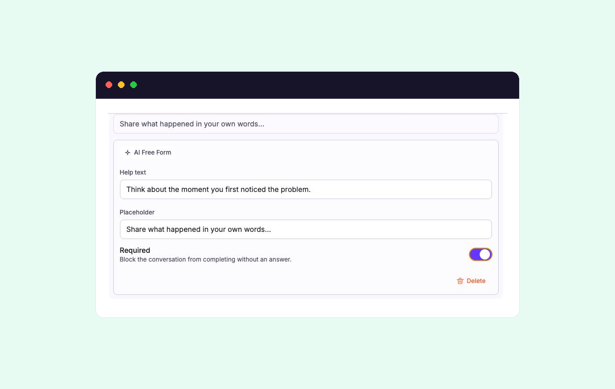 AI Free Form block settings with the focused topic and Required control visible