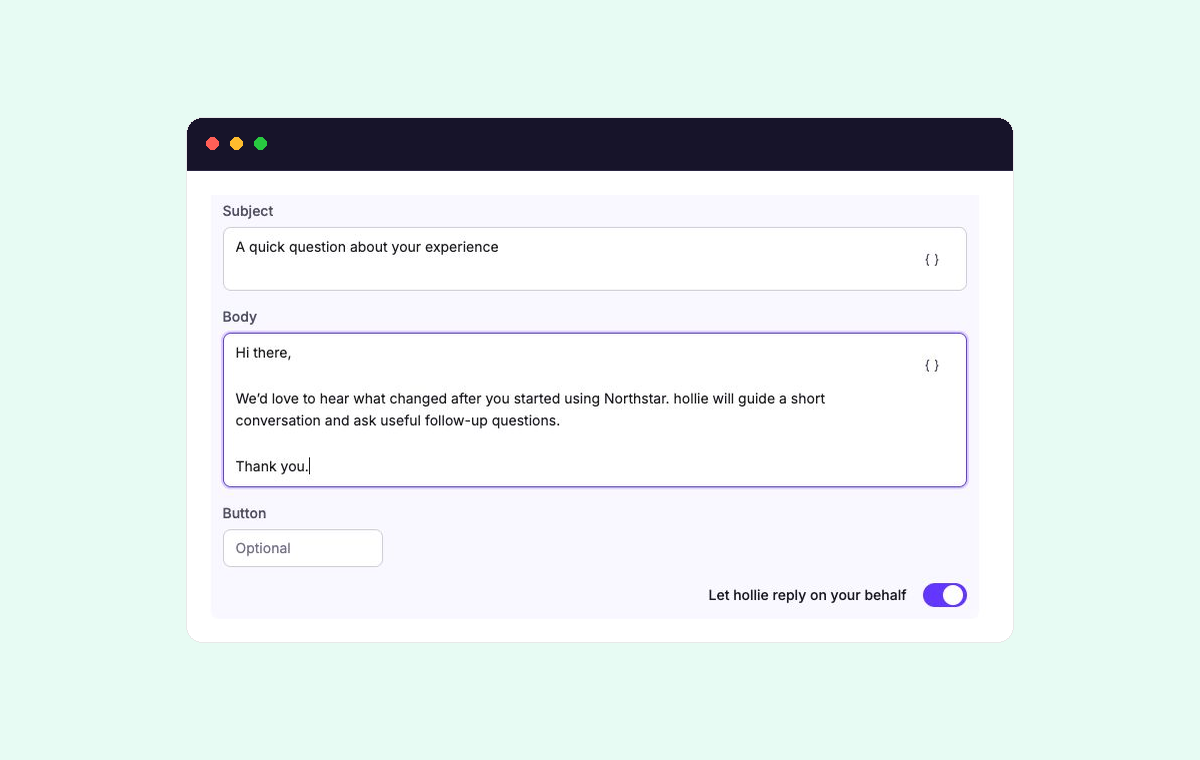 Automation email editor showing the subject, body, and Let hollie reply on your behalf switch