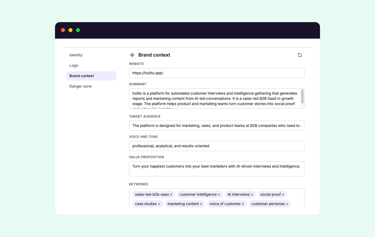 Workspace Brand context settings completed with an example audience, voice, value proposition, and keywords