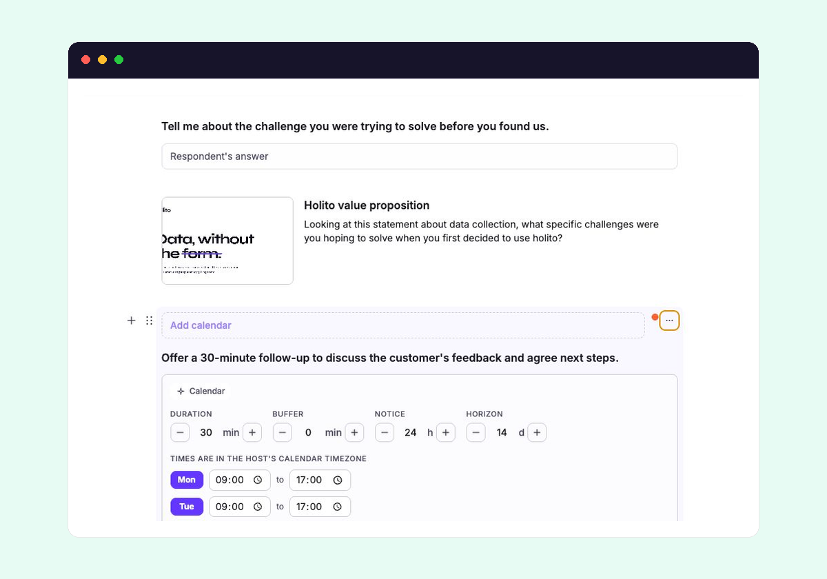 Calendar block showing the calendar connection, participant instruction, and booking rules