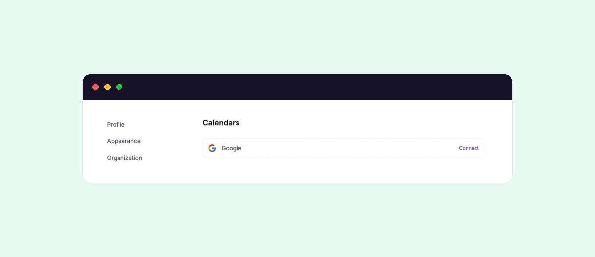 Calendars settings showing the Google calendar connection control