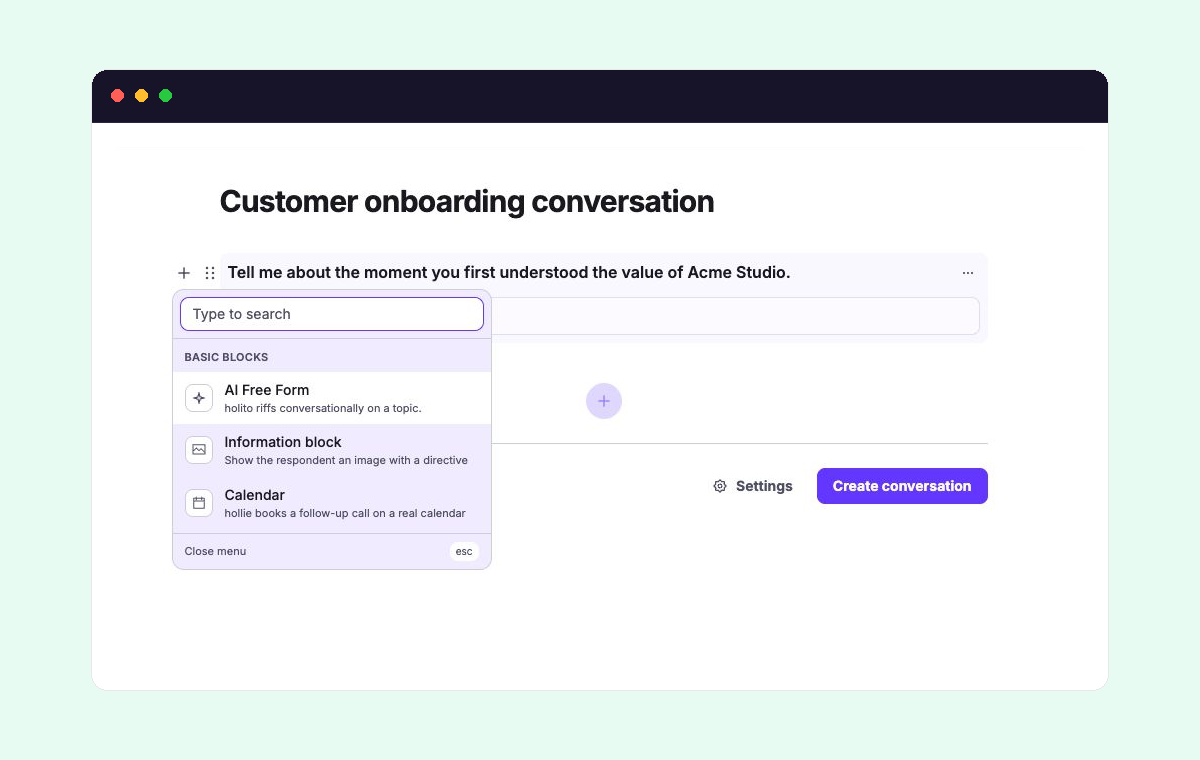 Add field menu with AI Free Form, Information block, and Calendar options