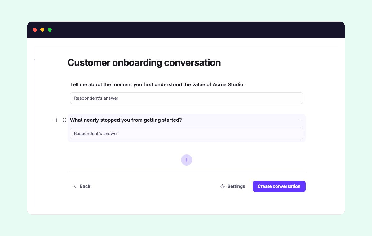 Conversation Builder showing how a clear customer-learning goal becomes an ordered conversation flow