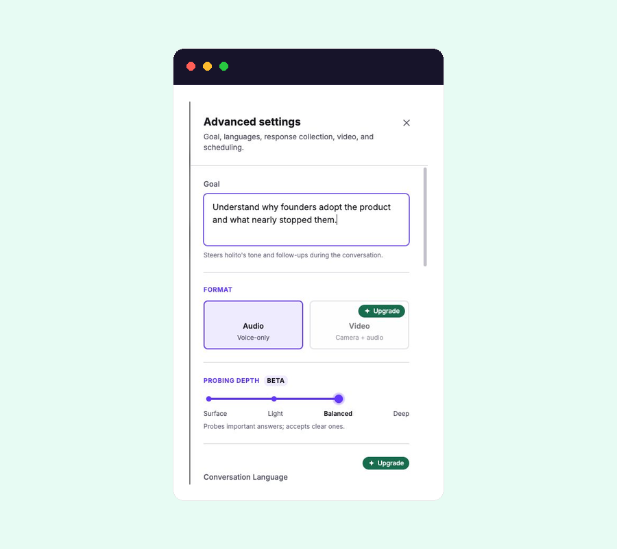 Conversation settings showing Upgrade badges beside features not included in the active organisation's plan