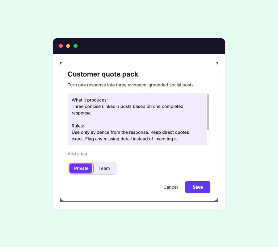 Recipe editor showing a structured prompt with purpose, audience, evidence, sections, and rules