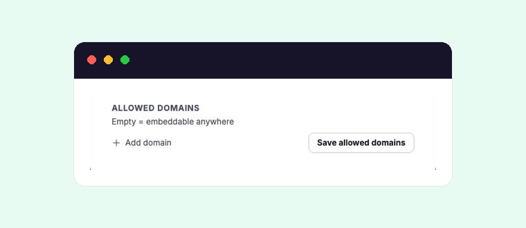 Allowed domains controls showing that an empty list permits the embed to run anywhere