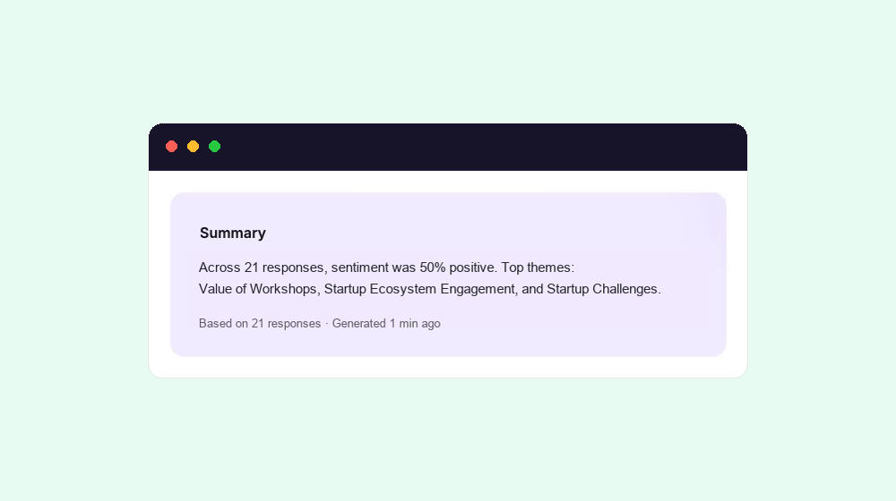 All Responses report with the included response count and a cross-response theme summary