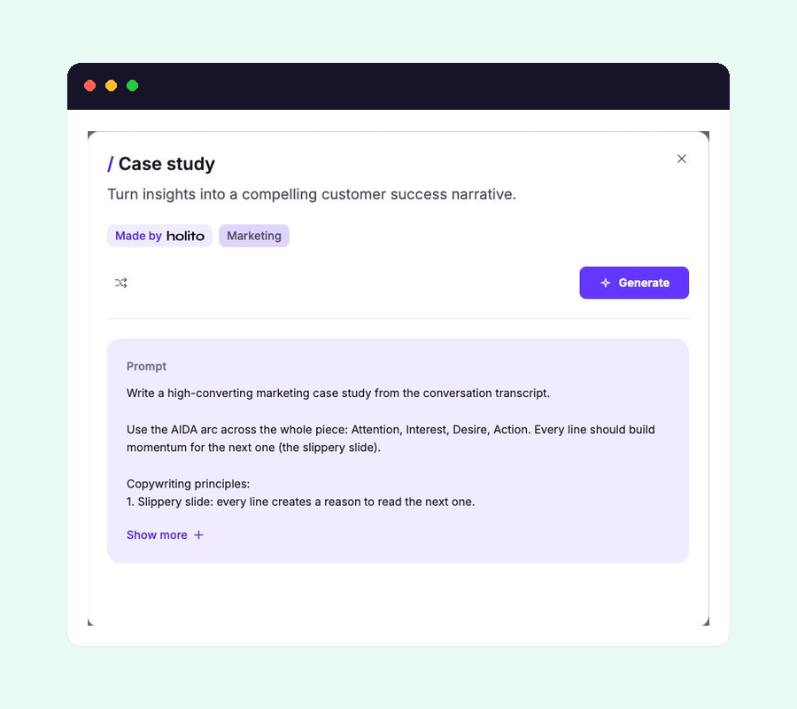 holito Case study recipe showing its Generate action and Prompt instructions