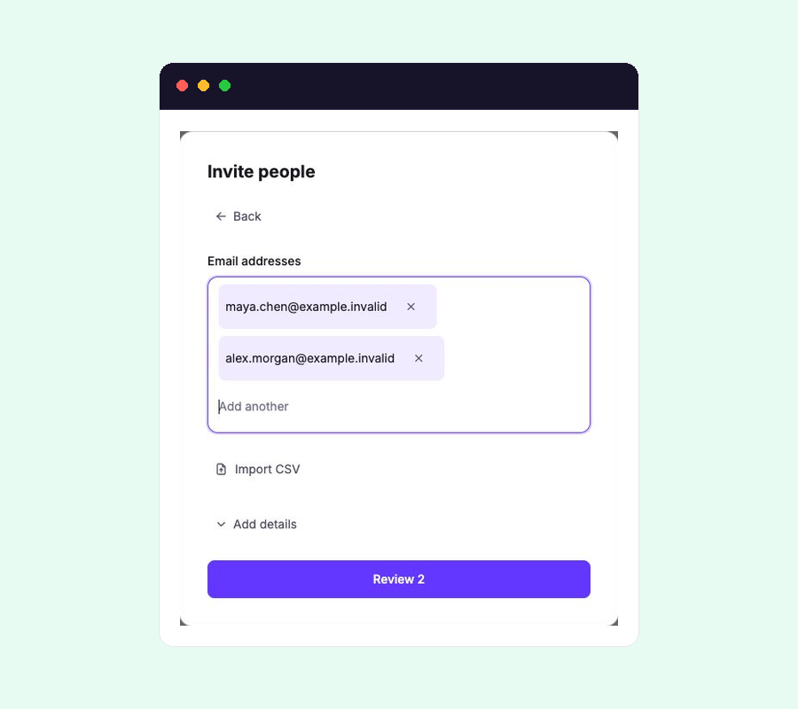 Invite people form with fictional recipients prepared for review before the automation starts
