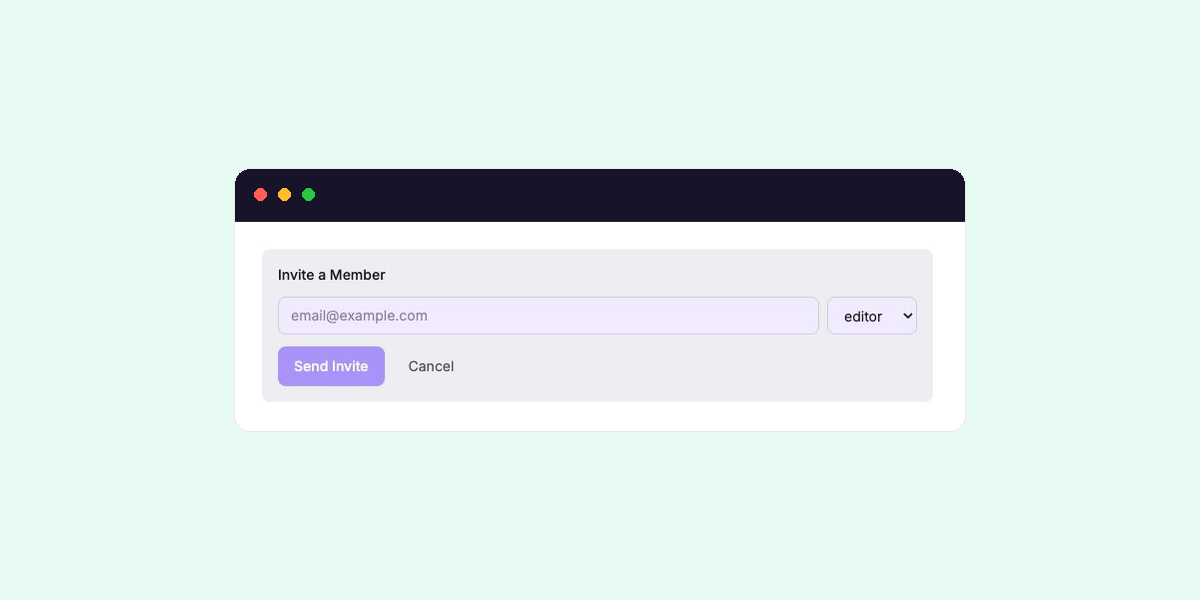 Invite a Member form with an email field, role selector, and Send Invite button