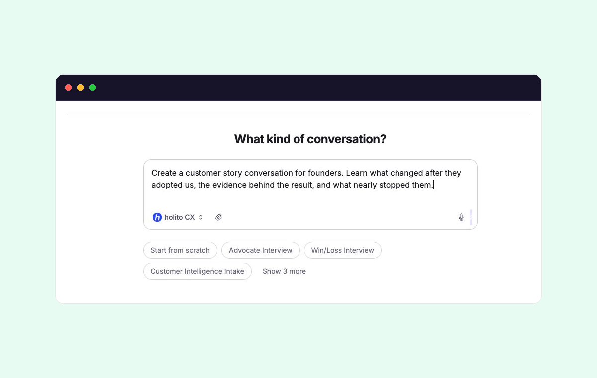 New conversation screen with a focused brief describing the audience, learning goal, and useful context