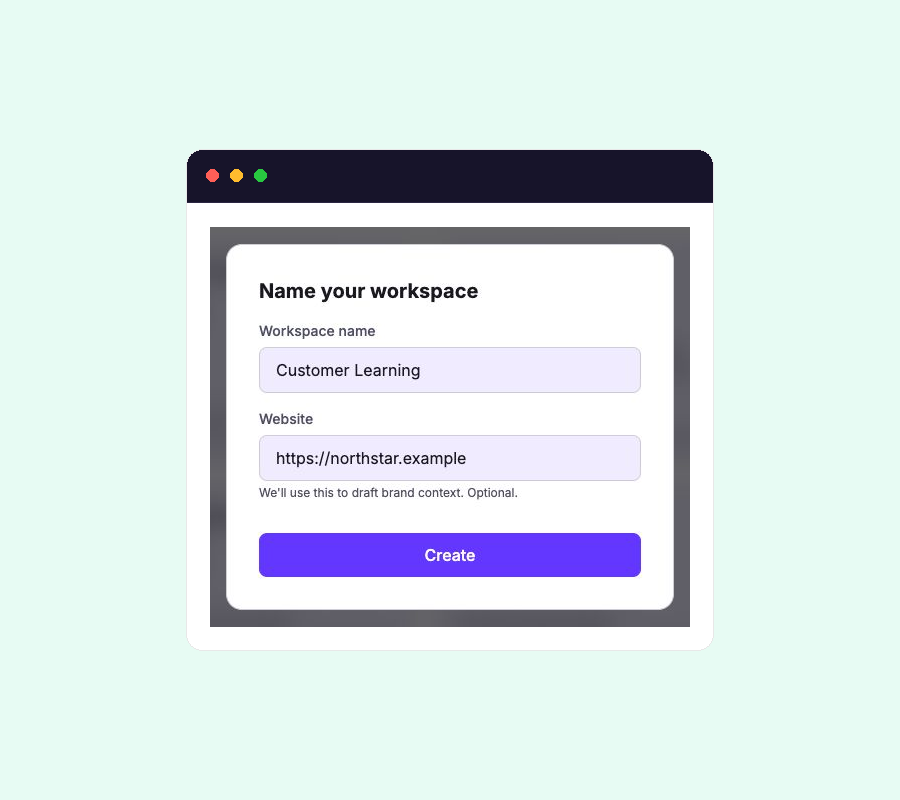 New workspace form with fields for a clear workspace name and the website holito should use for initial brand context