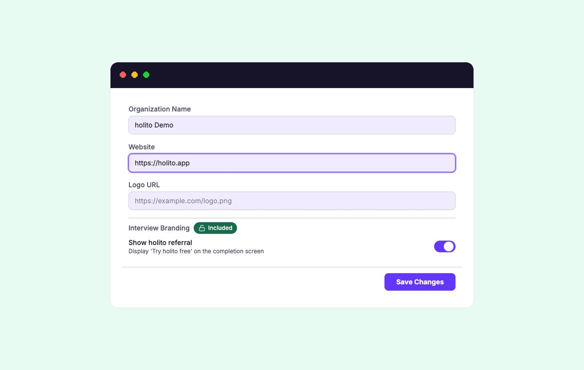 Organization settings showing the organisation name, website, logo, and referral controls