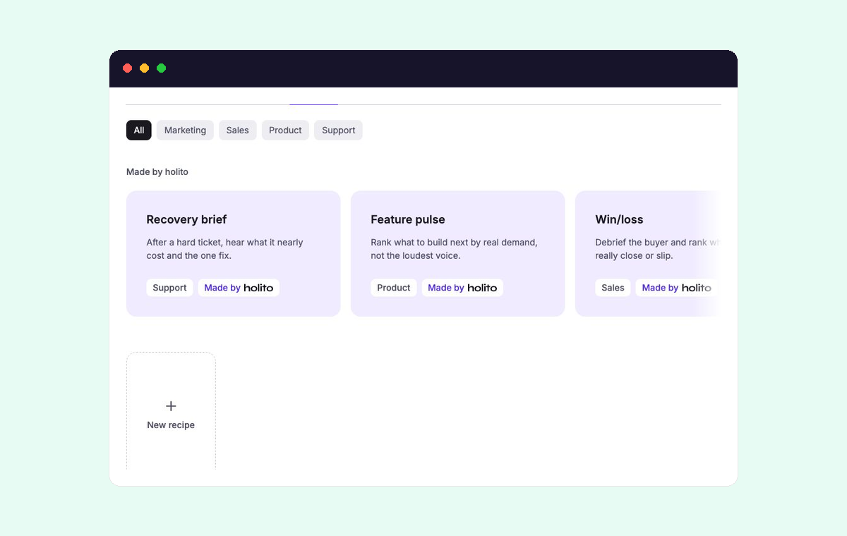 Create tab showing a gallery of recipes organized by the content they produce