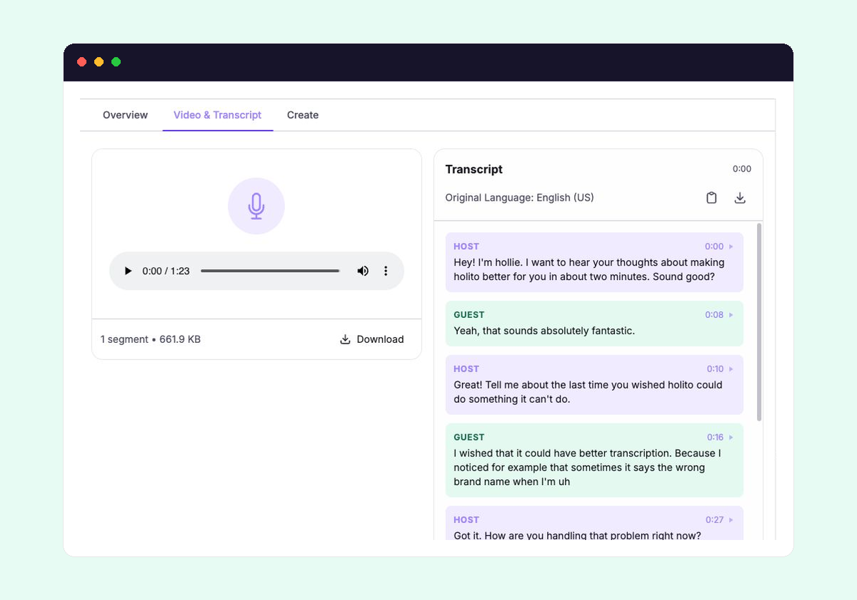 Completed response with recording playback beside alternating Host and Guest transcript turns