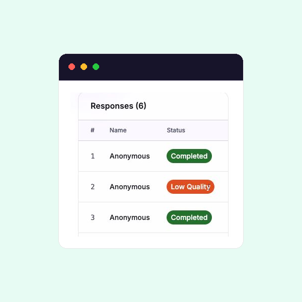 Anonymous demo responses showing Completed and Low Quality outcomes together